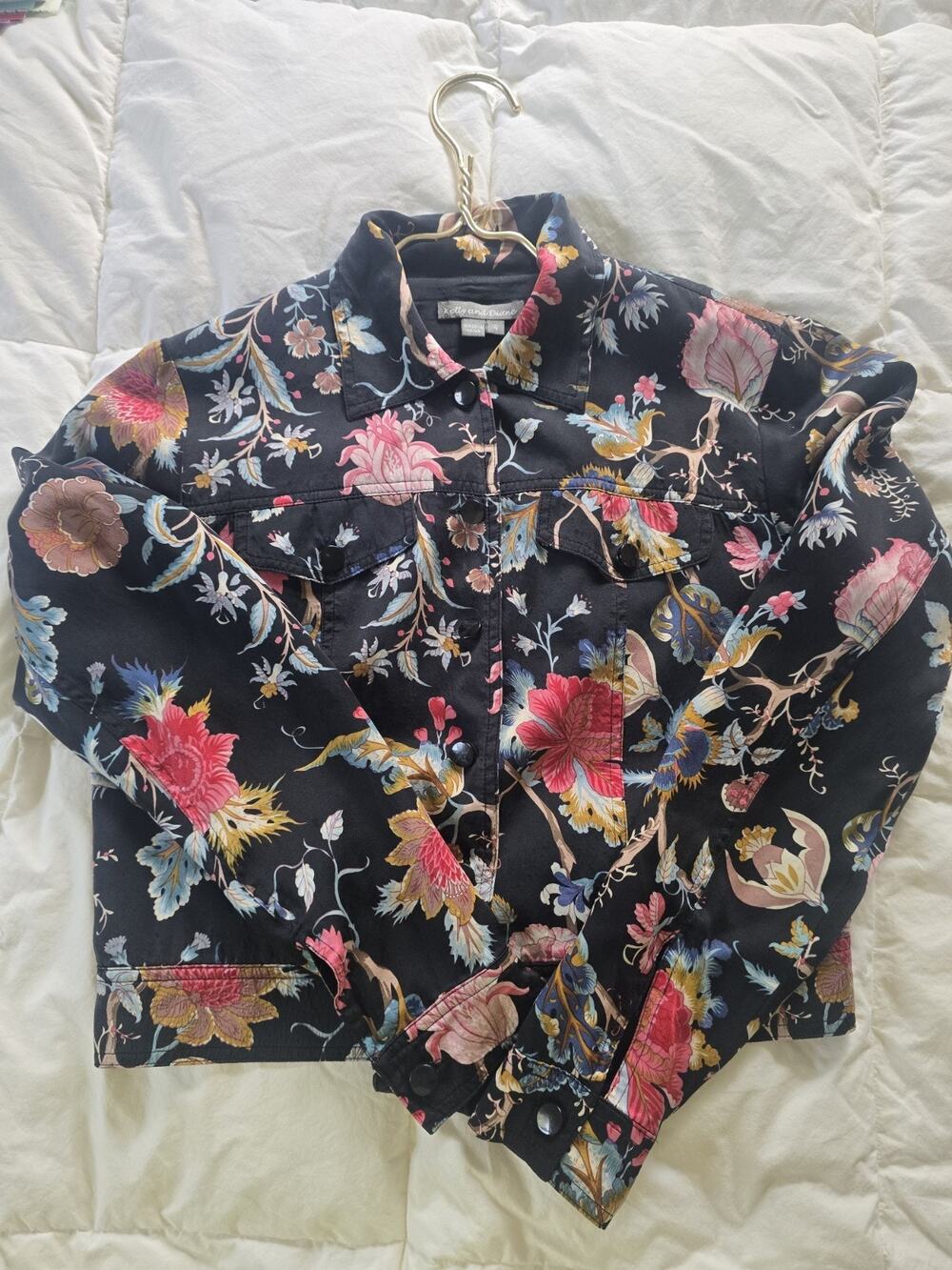 Kelly And Diane 100% Silk Black Floral Lightweight Button Up Jacket 4 Vtg soft